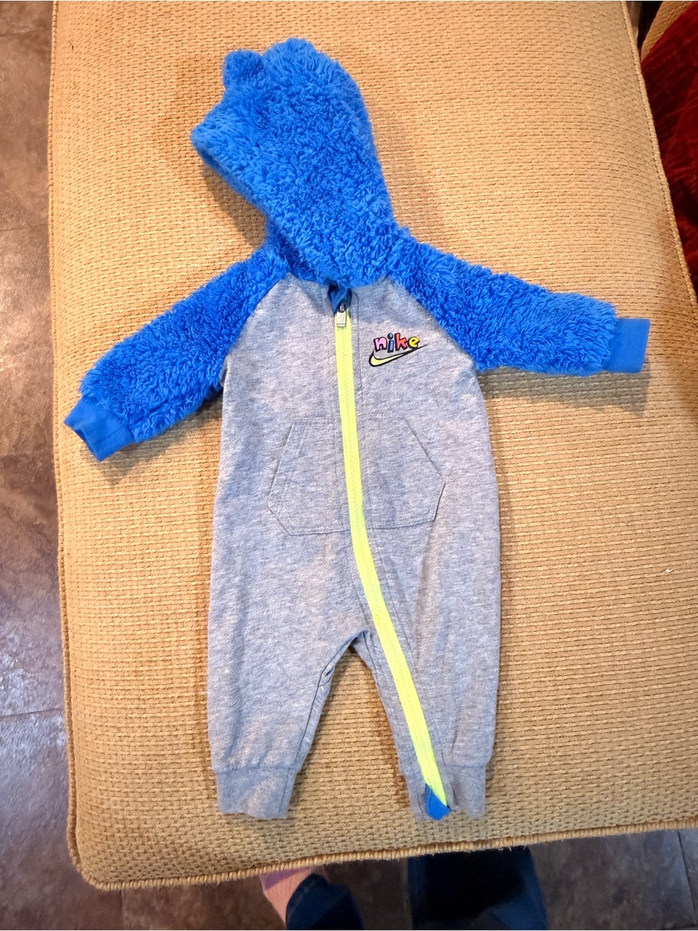 Nike Baby 3M Fuzzy Sherpa Hooded Romper Coverall Blue Gray Neon Zip